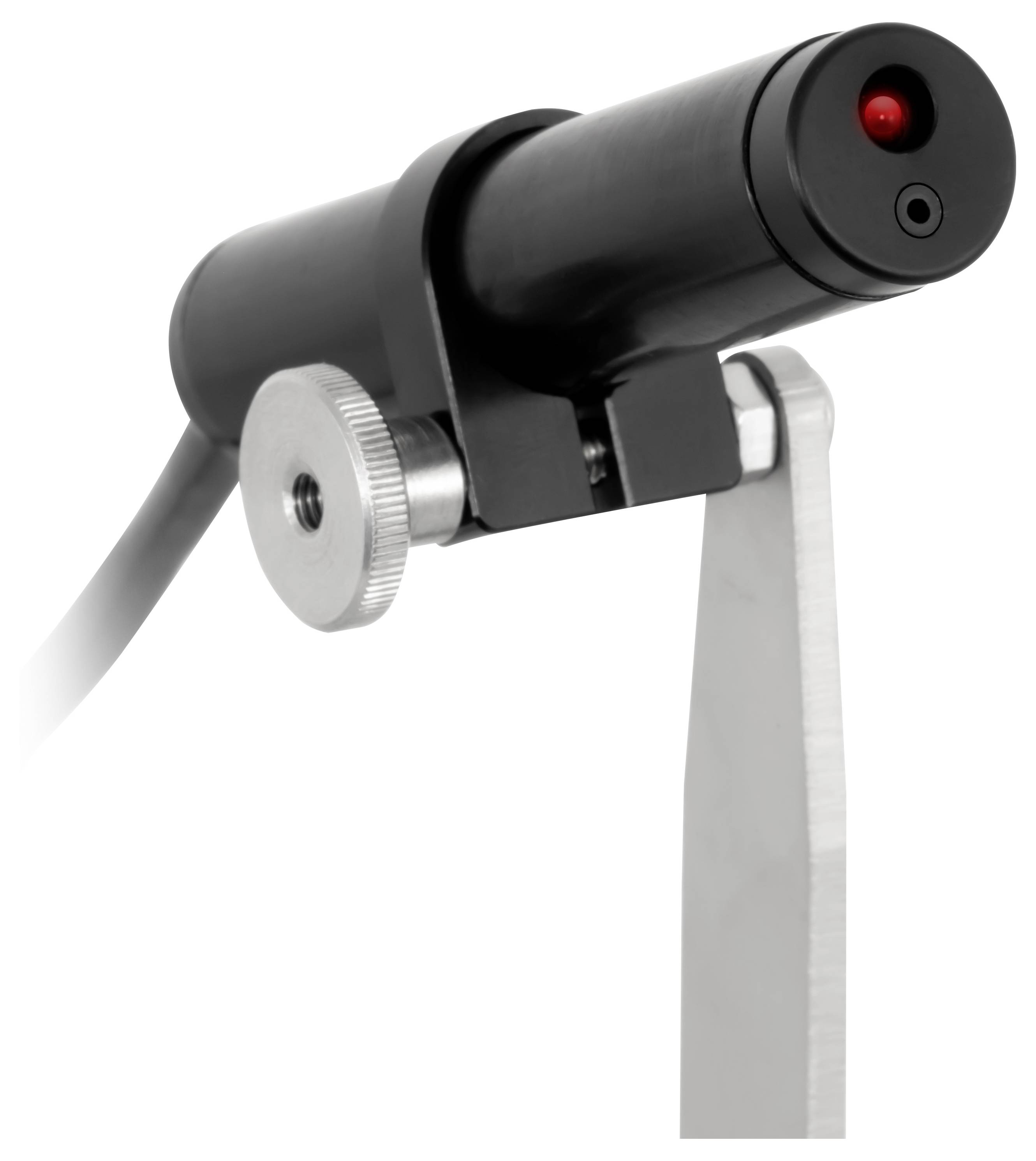 Schwarzer zylindrischer Sensor oder Lasergerät auf einer Metallhalterung montiert, mit einer leuchtenden roten Anzeigelampe und angebrachtem Kabel.