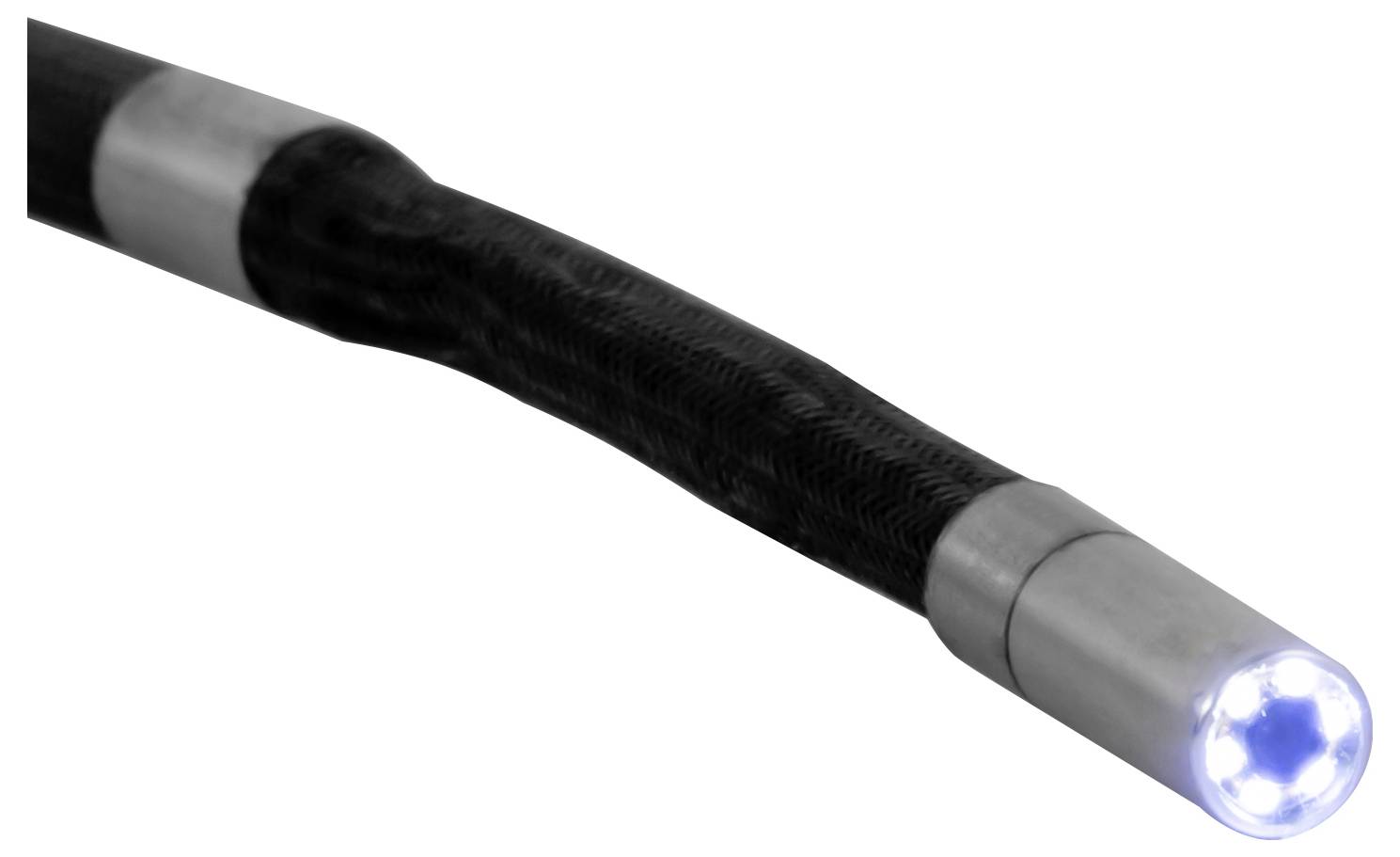 Ein flexibler, schwarzer Kamera-Endoskop-Schlauch mit beleuchtetem LED-Kopf zur visuellen Inspektion in schwer zugänglichen Bereichen.