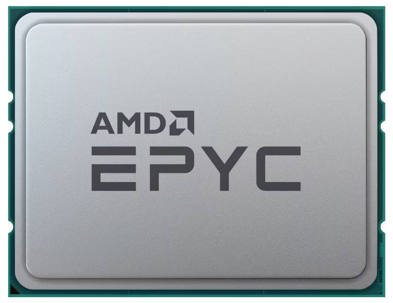 Ein silberner Prozessor mit der Aufschrift 'AMD EPYC' in dunklen Buchstaben.
