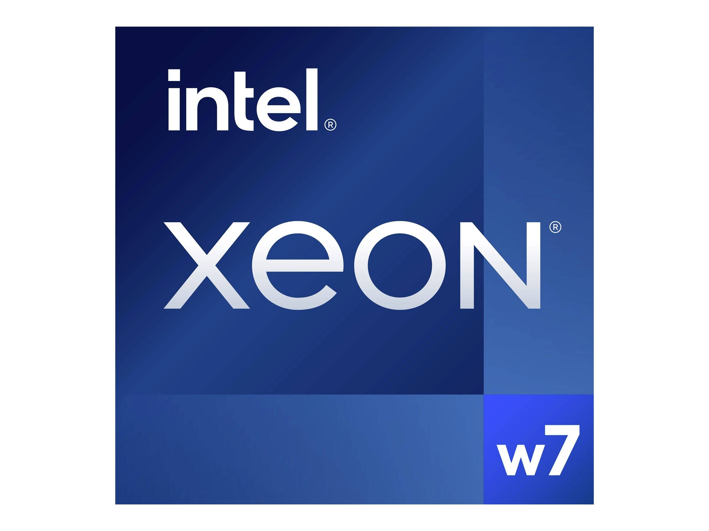 Logo der Marke Intel mit der Aufschrift 'Intel Xeon w7' auf blauem Hintergrund.