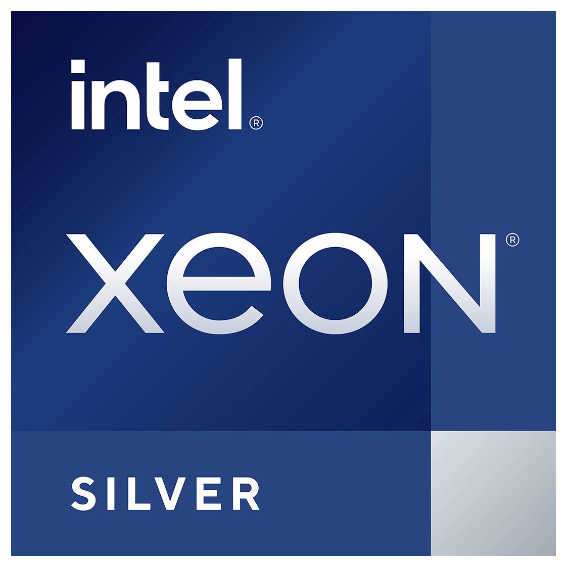 'Intel Xeon Silver' Schriftzug auf blauem Hintergrund, zeigt die Marke und Serie des Prozessors an.