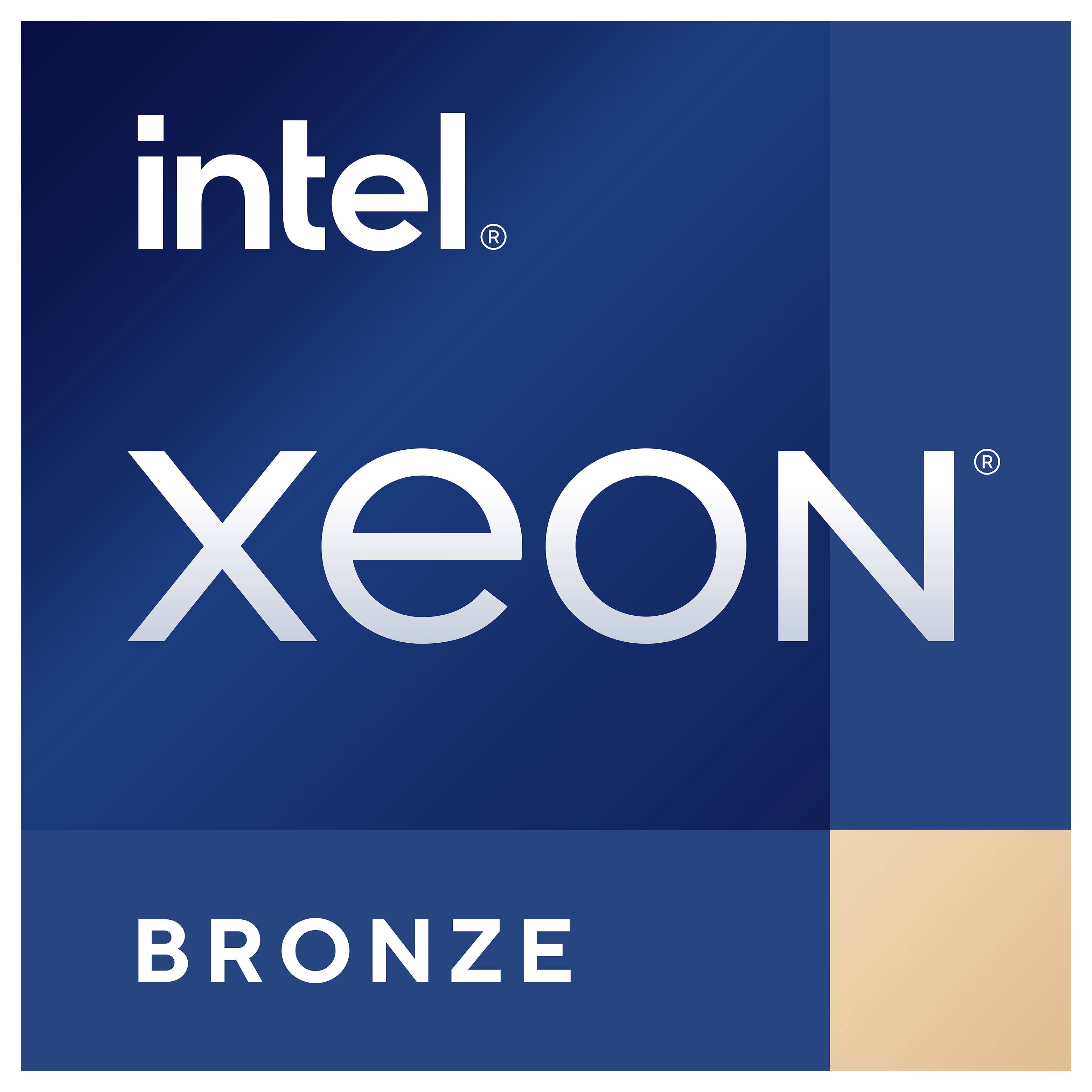 'Intel Xeon Bronze'-Logo mit blauem Hintergrund, silbernem Text und einem bronzefarbenen Streifen unten.