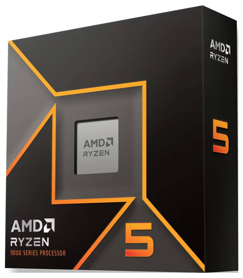 AMD Ryzen 5 Prozessorverpackung, 9000er Serie, mit schwarzem und orangefarbenem Design.
