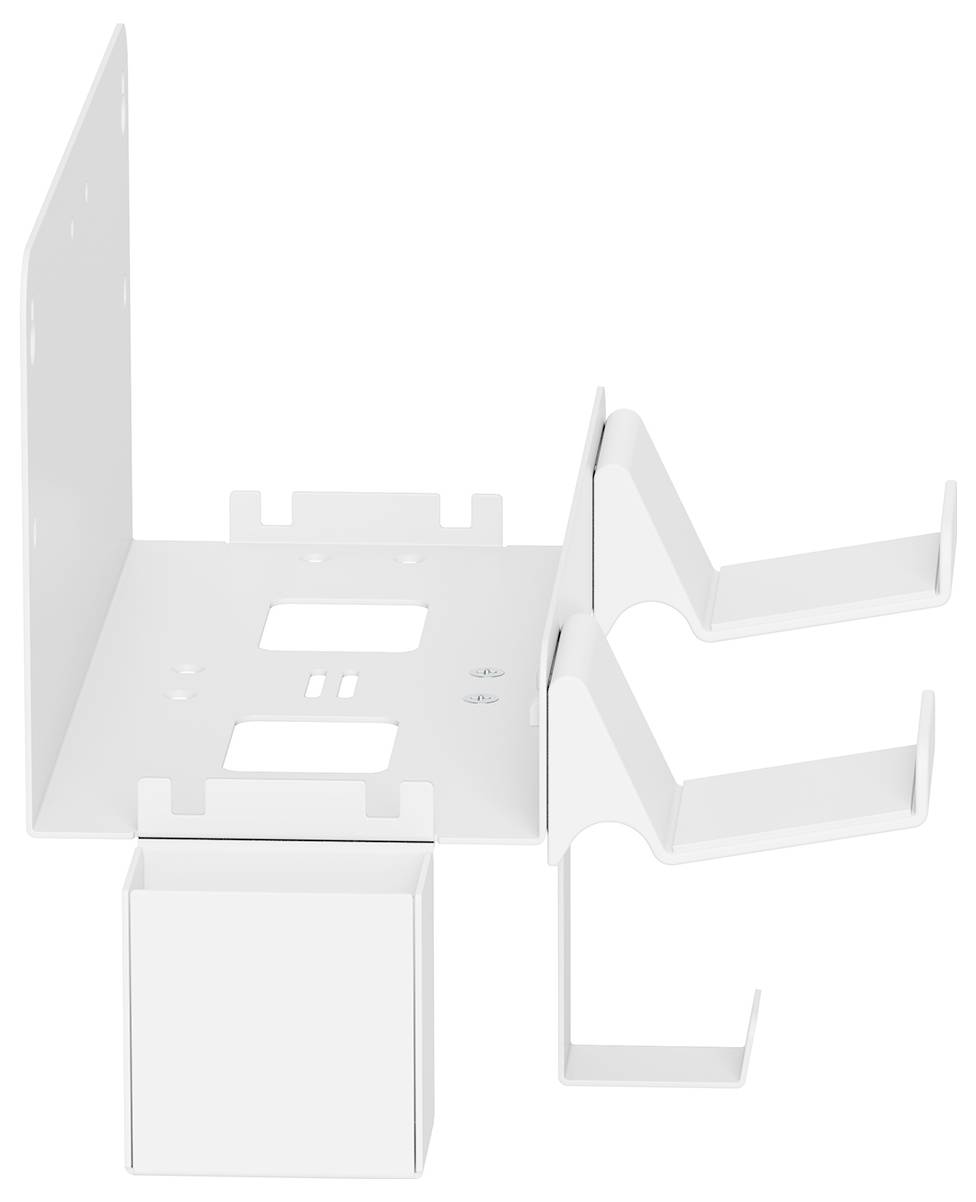 Weiße Metallhalterung mit Fächern und Haken zur Montage an der Wand, geeignet für Büro- oder Werkstattzubehör.
