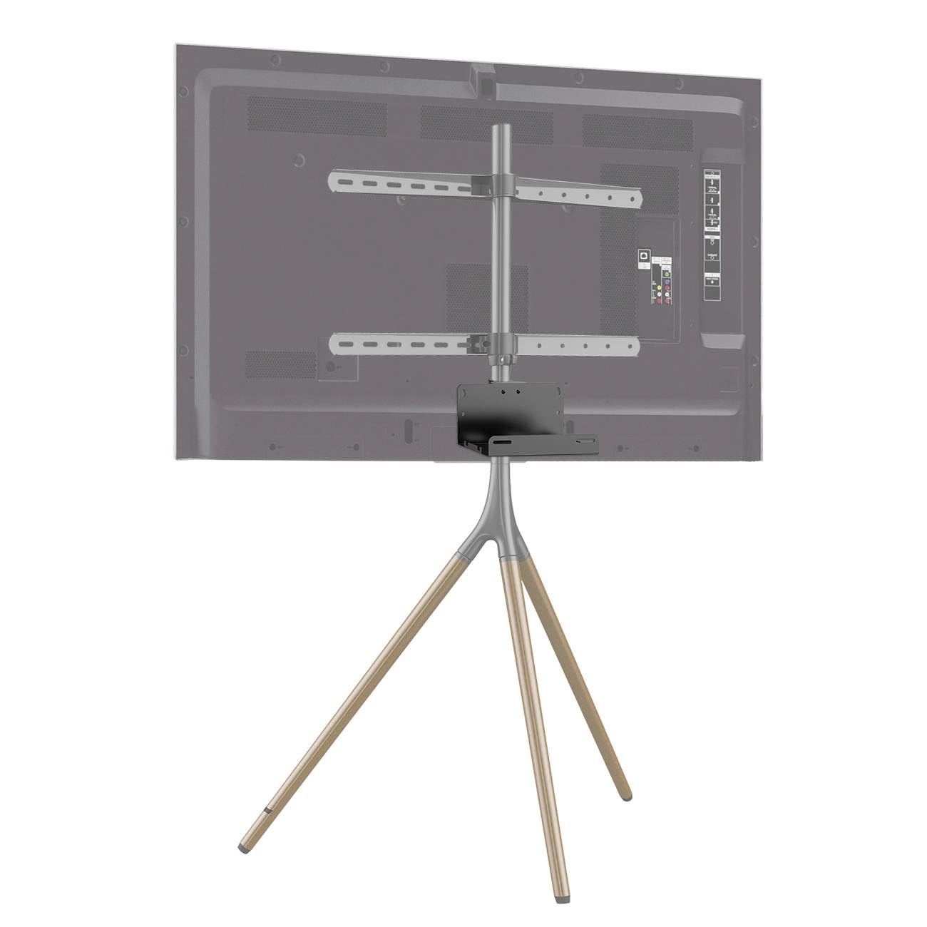 Ein Fernseher auf einem Holz-Stativ, Rückansicht mit sichtbaren Anschlüssen und Halterung.