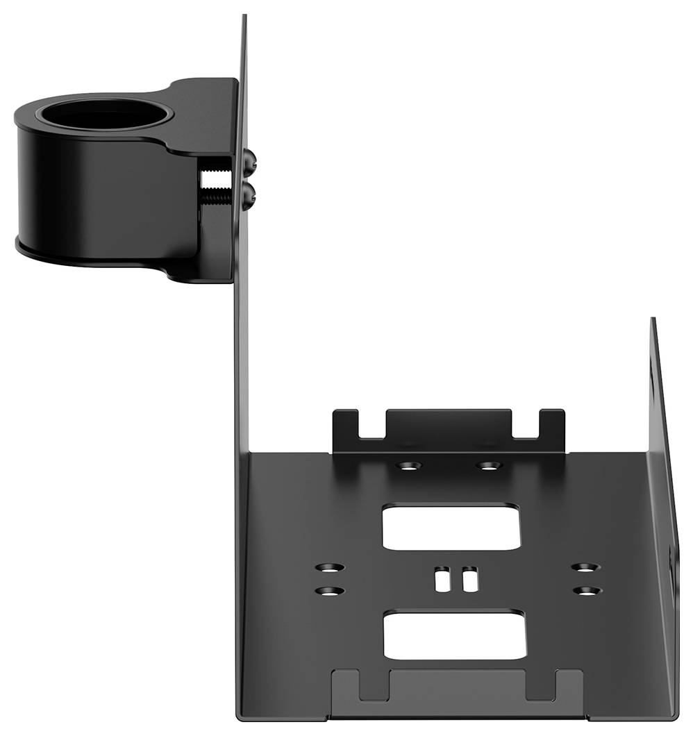 Schwarze Metallhalterung mit zwei vertikalen Platten und einem runden Befestigungselement oben links, geeignet zur Geräteinstallation.