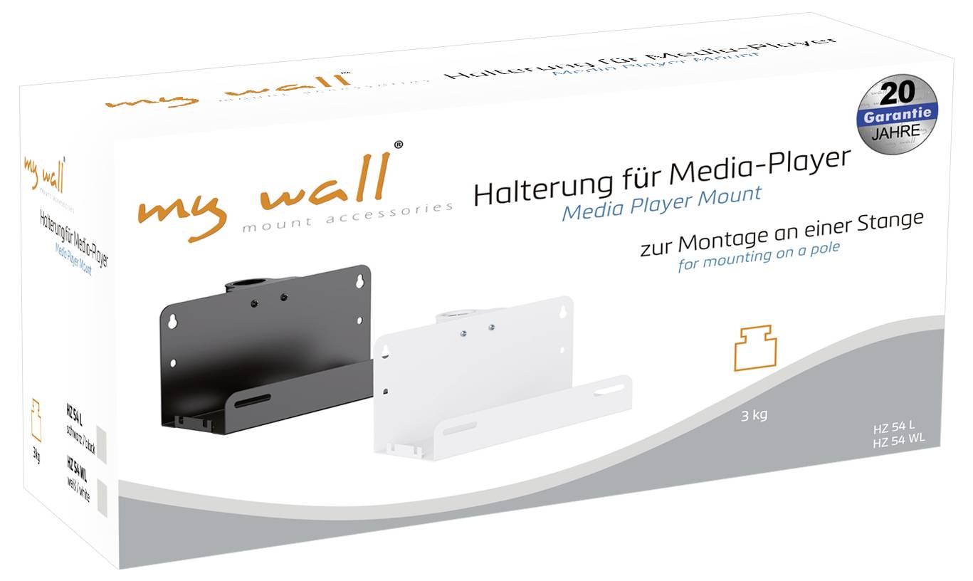 Verpackung einer Halterung für Media-Player von 'my wall', geeignet zur Montage an einer Stange. Belastbar bis 3 kg. Garantie: 20 Jahre.