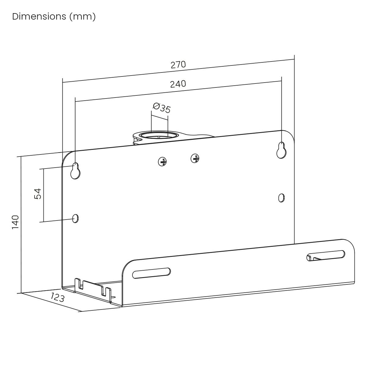 Technische Zeichnung eines Halters mit Maßen: 270 mm Breite, 140 mm Höhe, und 123 mm Tiefe. Enthält Löcher zum Befestigen.