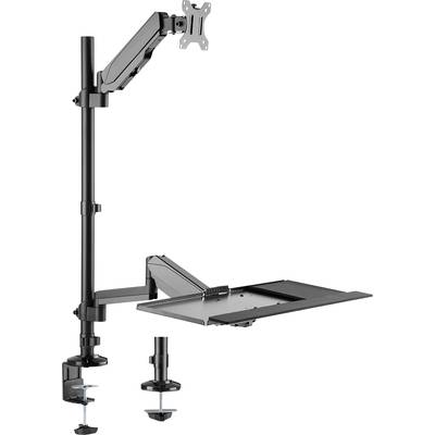 Monitorhalterung mit verstellbarem Arm und Laptopablage zur Tischmontage, geeignet für ergonomische und platzsparende Arbeitsplatzgestaltung.