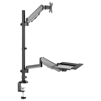 Monitorhalterung mit verstellbarem Arm und Laptop-Ablage. Montiert an einem Tisch, ermöglicht flexible Positionierung von Monitor und Laptop.