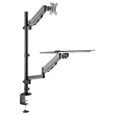 Monitorhalterung aus Metall mit verstellbaren Armen, an die Tischkante geklemmt. Geeignet für die Montage von Monitoren oder Laptops.