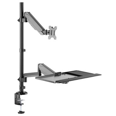 Ein ergonomischer Monitorarm mit Laptopablage, der an einem Schreibtisch befestigt ist. Verstellbare Arme für verschiedene Bildschirmpositionen.