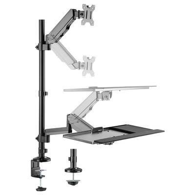 Verstellbare Dual-Monitorhalterung mit Tastaturablage, an Tischkante befestigt. Ideal für ergonomische Arbeitsstationen.
