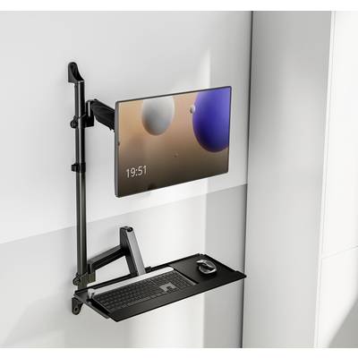Ein Computerbildschirm an einer Wandhalterung über einer schwarzen Tastatur und Maus; Monitor zeigt sphärische Formen und Uhrzeit 19:51.