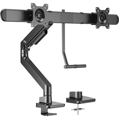 Ein schwarzer Dual-Monitorarm mit verstellbaren Gelenken und Klemmbefestigung, geeignet zur Befestigung an Schreibtischen.