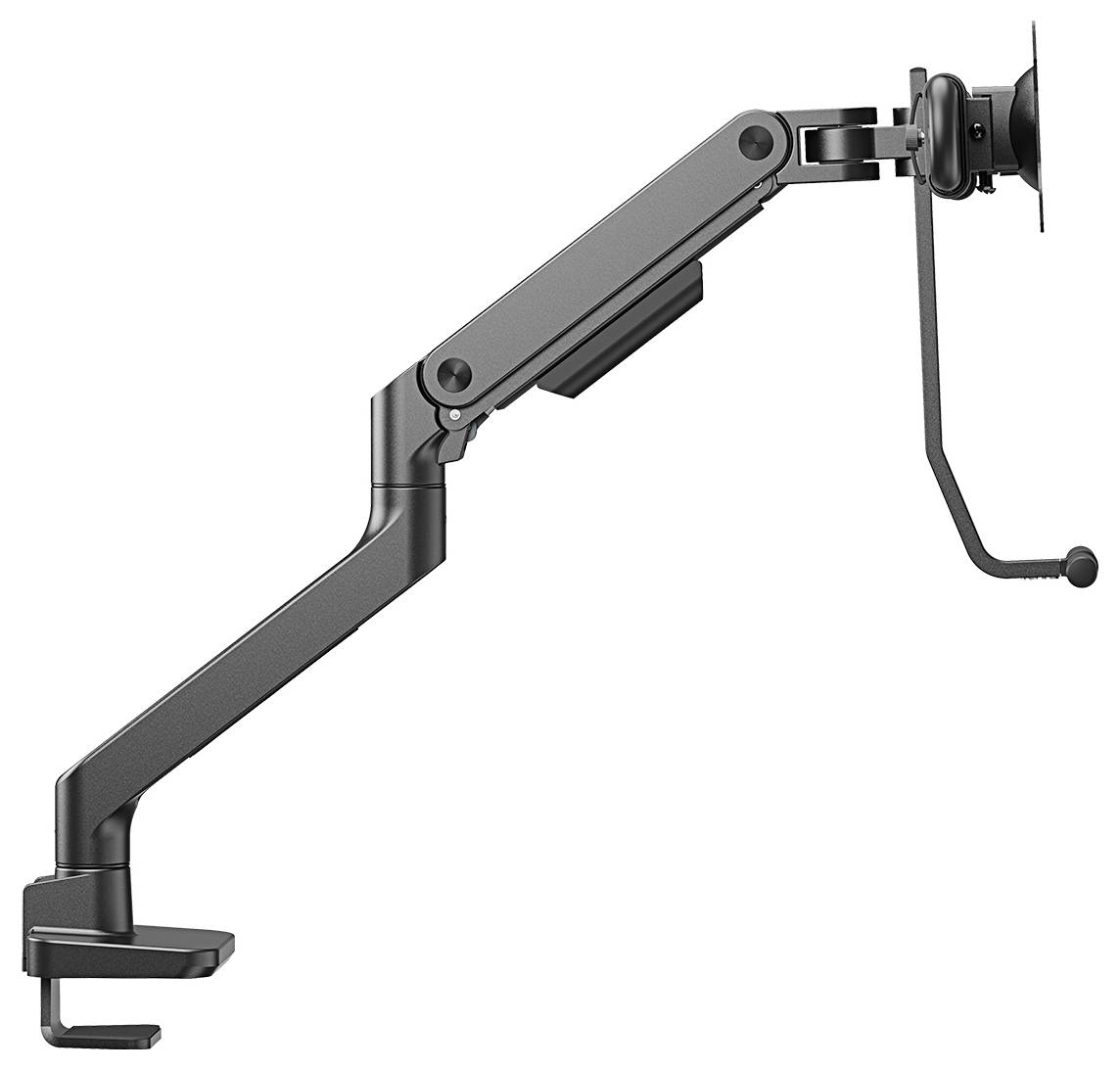 Ein schwarzer Monitorarm, der an einer Tischkante befestigt ist. Der Arm ist flexibel und kann den Monitor in verschiedene Positionen bewegen.
