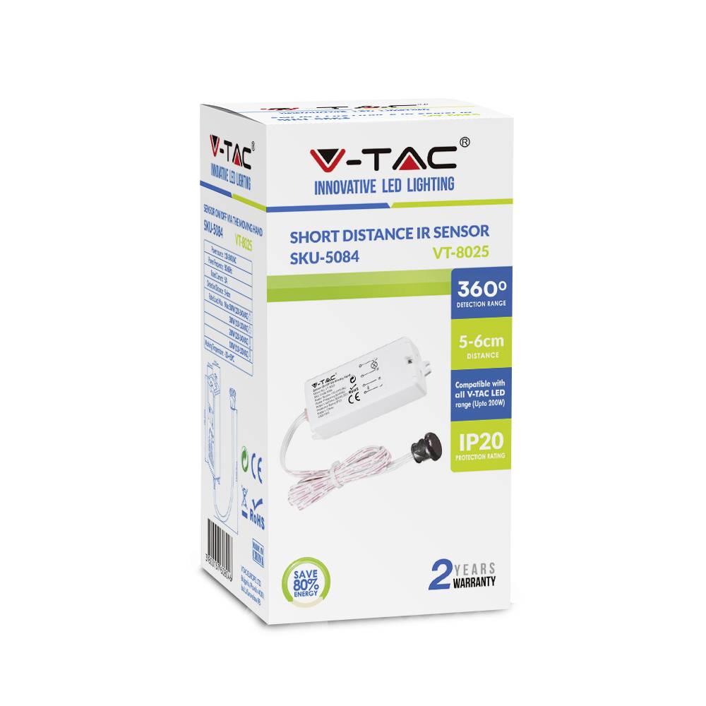 'V-TAC Innovative LED Lighting: Kurzdistanzen-IR-Sensor SKU-5084, VT-8025, 5-6 cm Reichweite, 360° Abdeckung, IP20, 2 Jahre Garantie.'