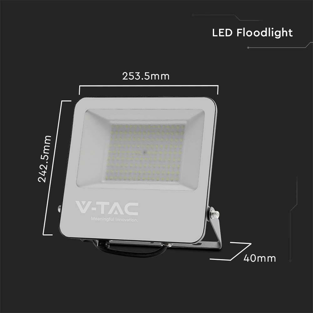 Rechteckiger LED-Strahler mit Abmessungen: 253,5 mm Breite, 242,5 mm Höhe, 40 mm Tiefe. Beschriftet mit 'V-TAC'.