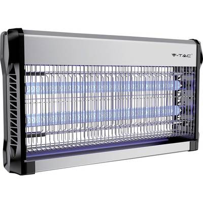 Elektrischer Insektenvernichter mit zwei blauen UV-Lampen in einem Gittergehäuse. Gerät zur Schädlingsbekämpfung im Innenbereich.