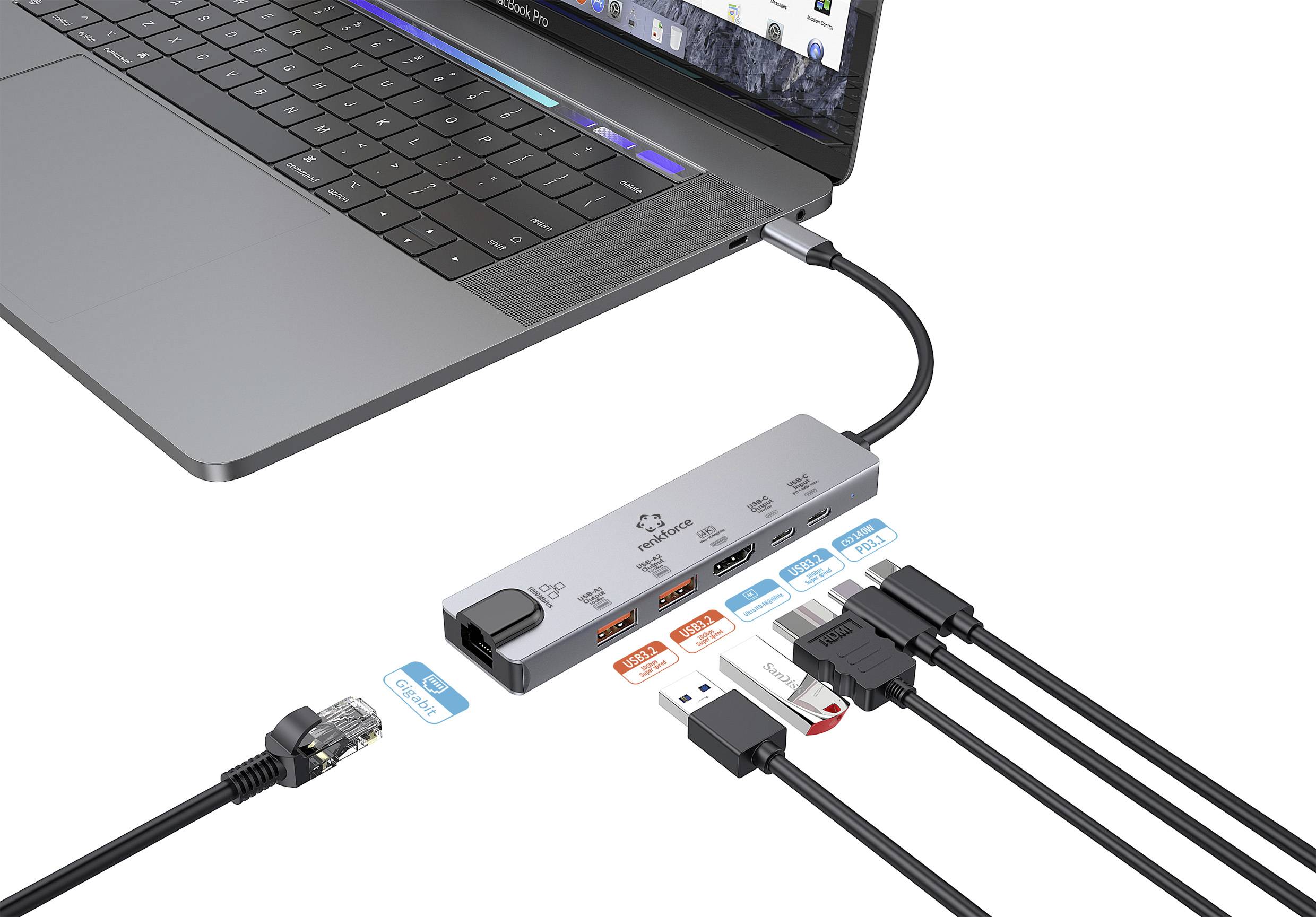 Ein Laptop ist mit einem USB-C-Hub verbunden, der zahlreiche Anschlüsse bietet, darunter HDMI, USB-A, Ethernet und Speicherkartenleser.