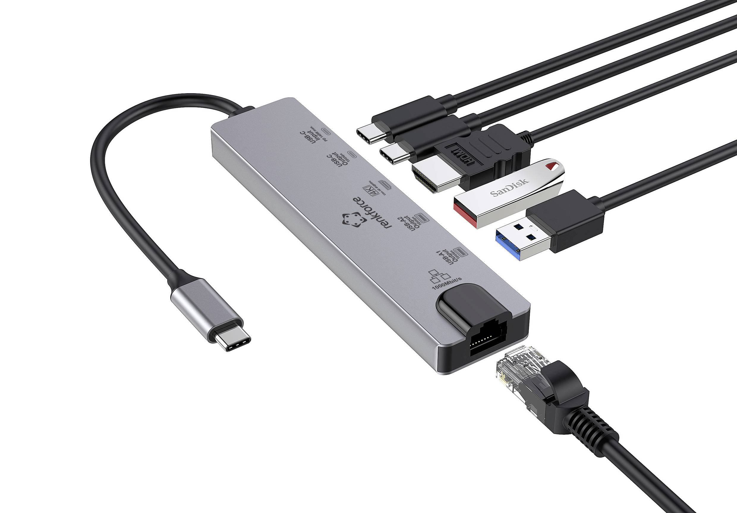 USB-C-Hub mit Ethernet, USB, HDMI und Kartenleser-Anschlüssen. Verbunden mit Kabeln und USB-Stick für vielfältige Konnektivität.