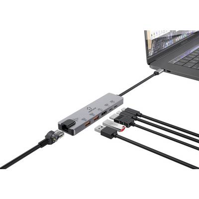 Ein USB-C-Dockingstation verbindet einen Laptop mit mehreren Geräten: Ethernet, HDMI, USB und SD-Kartenleser.