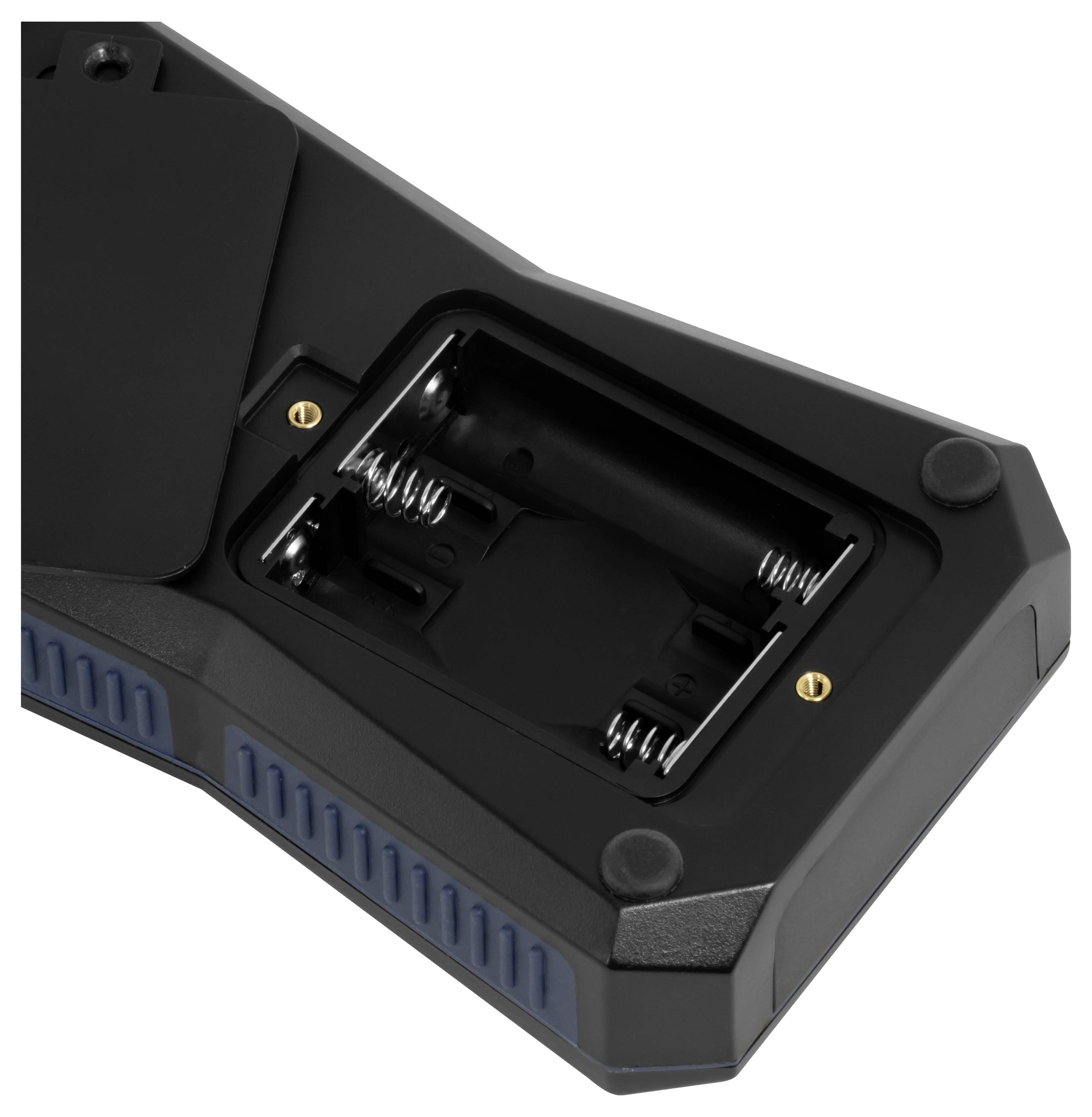 Ein batteriefach eines schwarzen elektronischen Geräts, offen und leer, mit klar sichtbaren Federkontakten und Schrauben.