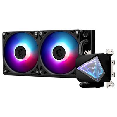 Zwei leuchtende PC-Lüfter und eine CPU-Kühlereinheit mit einem geometrischen LED-Design. Markenname auf der Kühlereinheit sichtbar.