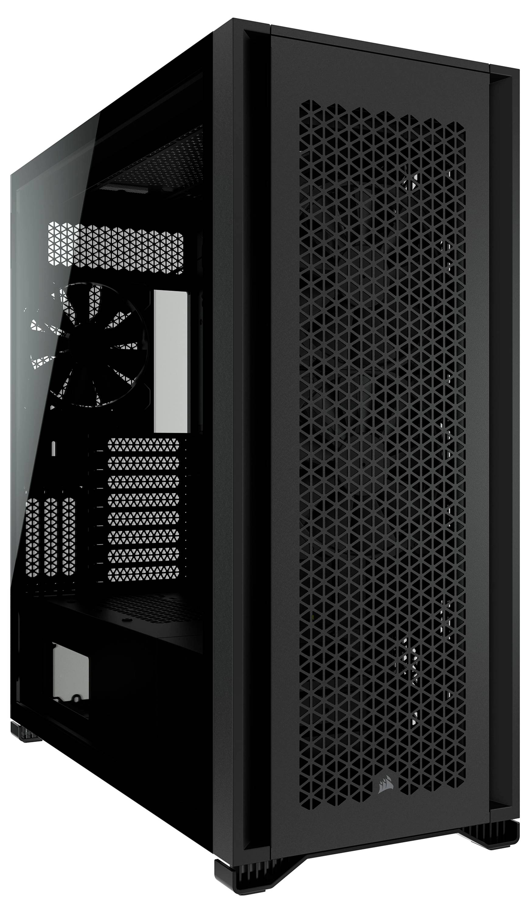Schwarzes Computergehäuse mit Lüftungsgitter und durchsichtigem Seitenpanel, zeigt geräumiges Inneres für Komponenteninstallation.