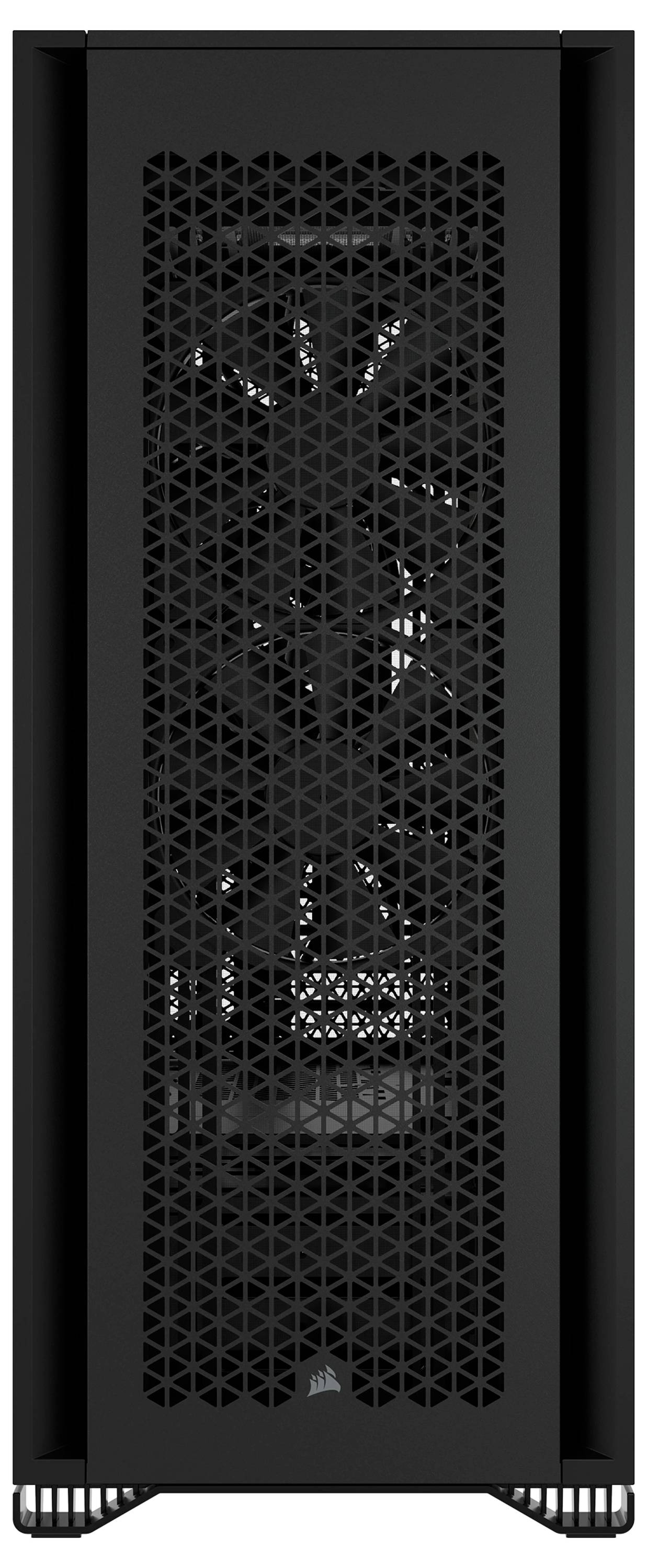 Schwarzes Computergehäuse mit durchlässiger Frontabdeckung und integriertem Lüfter; geeignet für effektive Kühlung und Luftzirkulation.