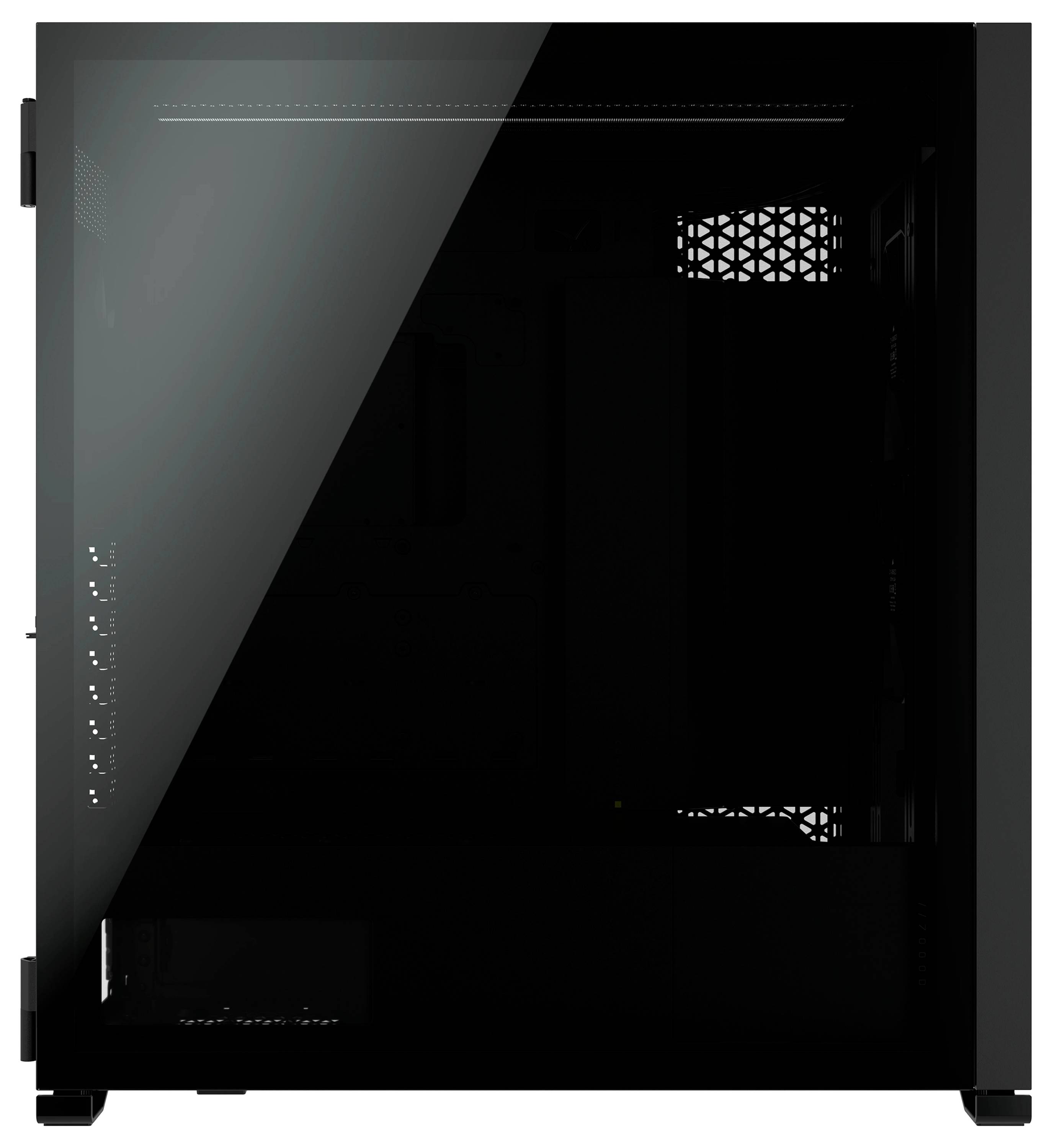 Schwarzes Computergehäuse mit Glastür, beleuchtetem Innenraum und Kühlöffnungen, geeignet für PC-Komponenteninstallation.