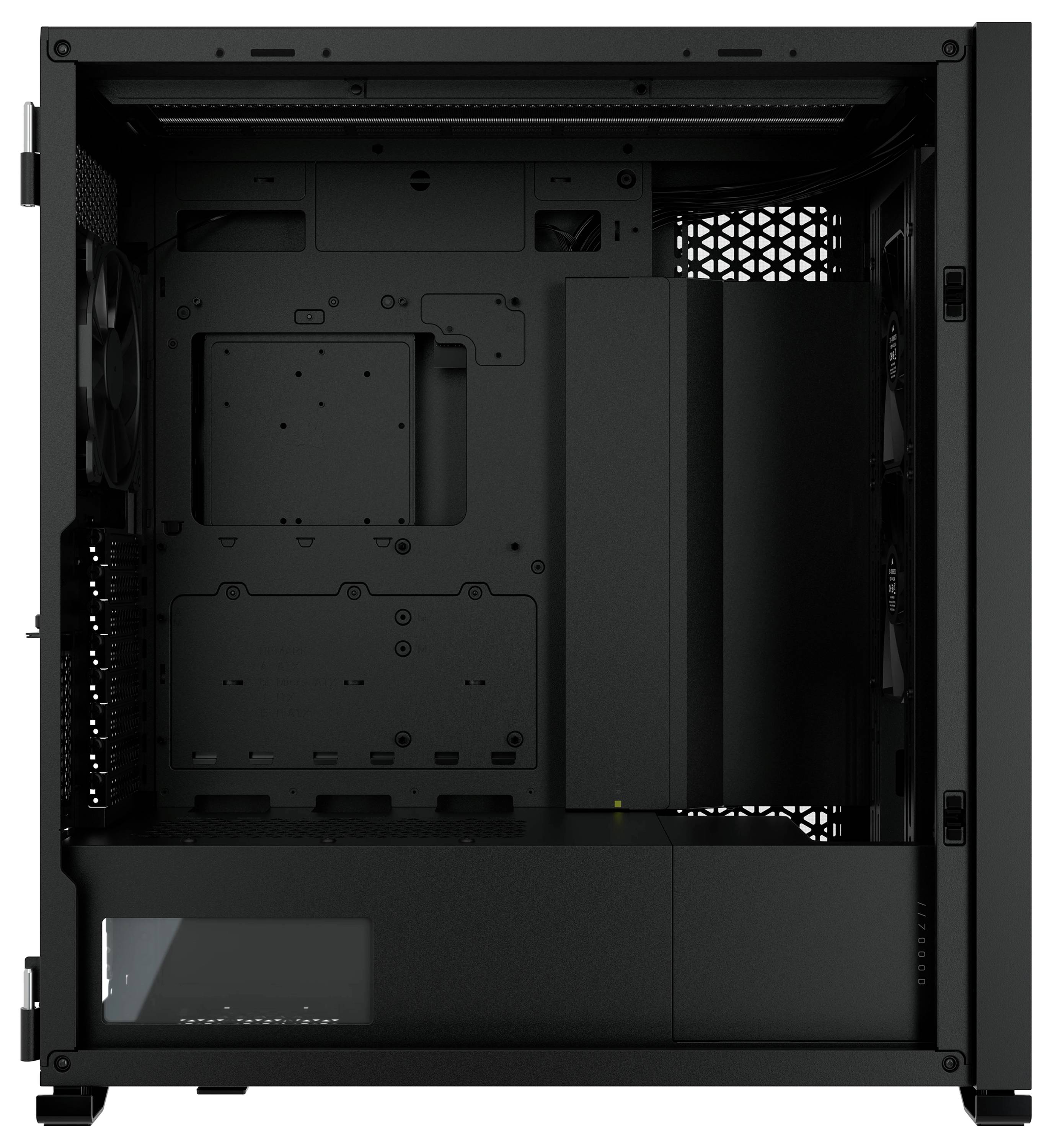 Ein leeres PC-Gehäuse in schwarzer Farbe mit offenem Seitenpanel, das die Innenstruktur zeigt, geeignet für den Einbau von Komponenten.