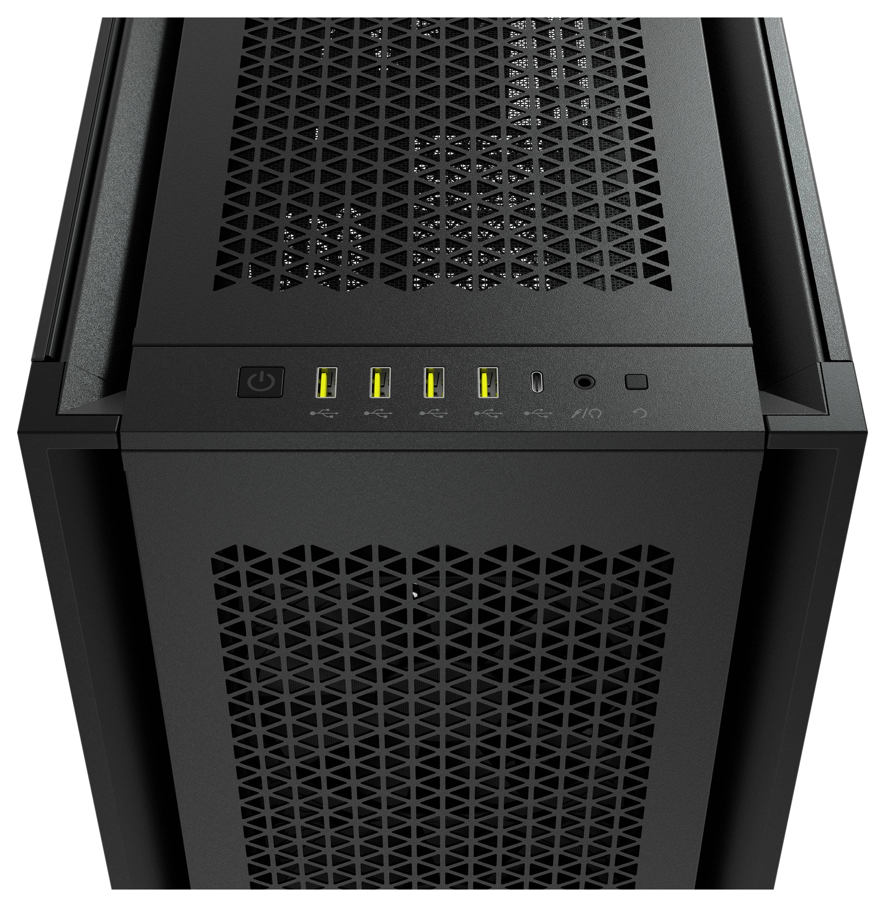 Schwarzes Computergehäuse mit vier Front-USB-Ports und Power-Button. Obere und vordere Abdeckung haben ein gitterartiges Design.