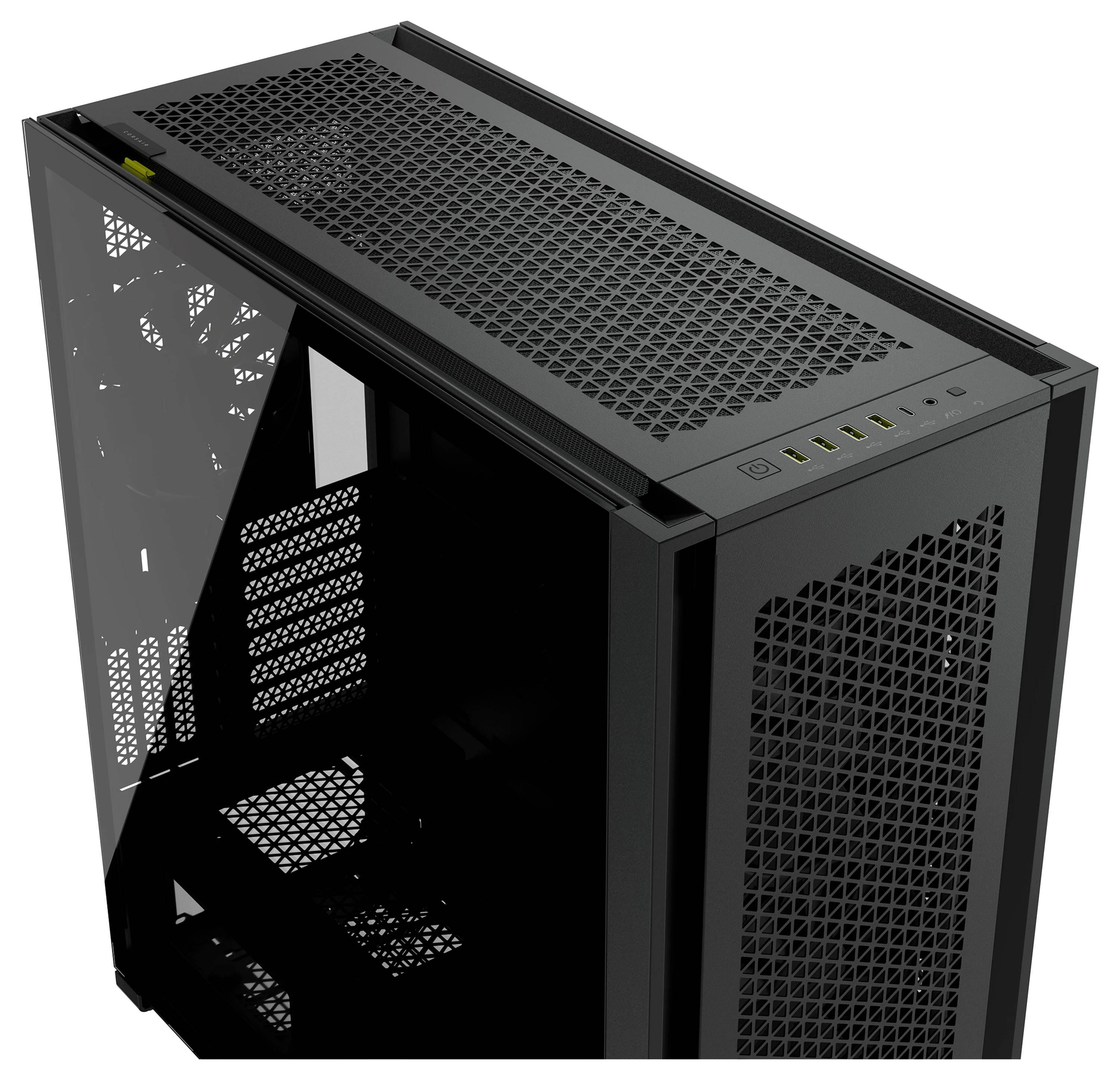 Ein schwarzes PC-Gehäuse mit einem transparenten Seitenpanel und Gitterdesign oben und an der Front, zeigt modern-industrielles Design.