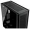 Ein schwarzes PC-Gehäuse mit einem transparenten Seitenpanel und Gitterdesign oben und an der Front, zeigt modern-industrielles Design.