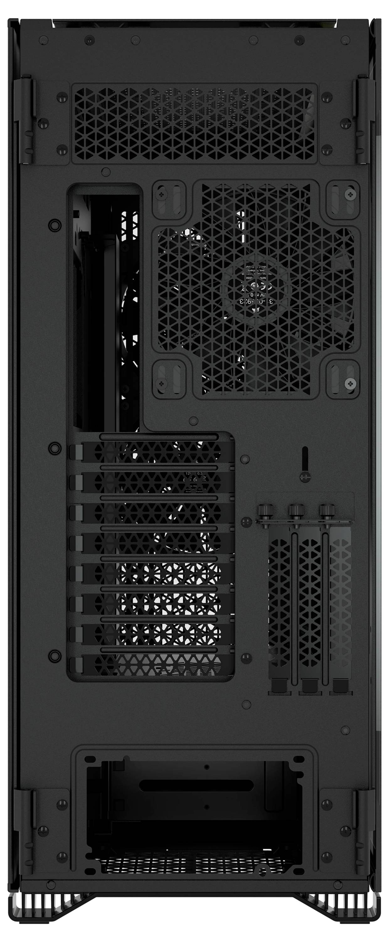 Gehäuse-Rückansicht eines PC-Towers mit Lüfteröffnung oben, mehreren Erweiterungssteckplätzen in der Mitte und Kabelanschluss unten.