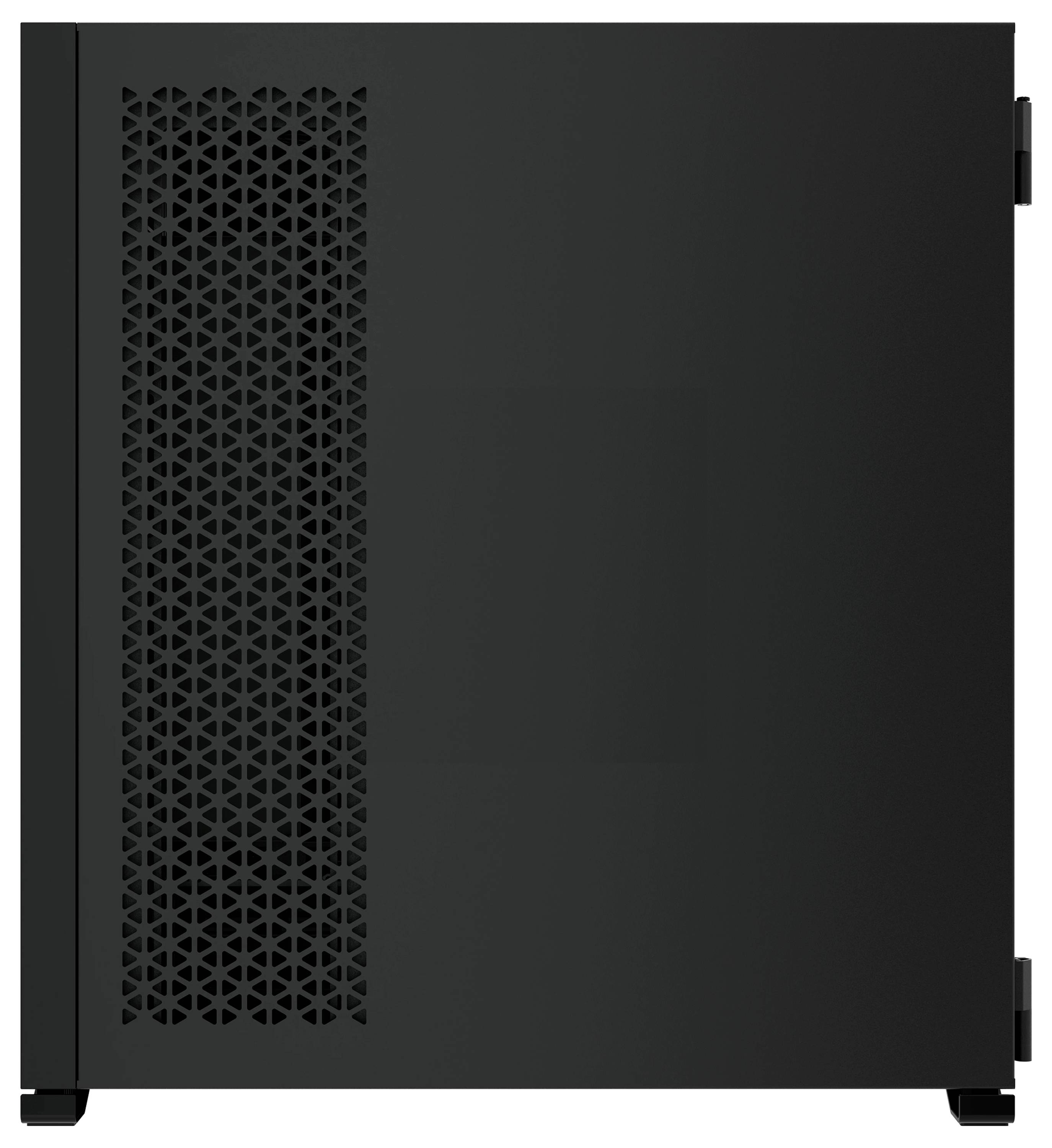 Schwarzes Computergehäuse mit belüfteter Seitenwand, rechteckige Form, keine sichtbaren Marken oder Logos. Geeignet für PC-Bau.