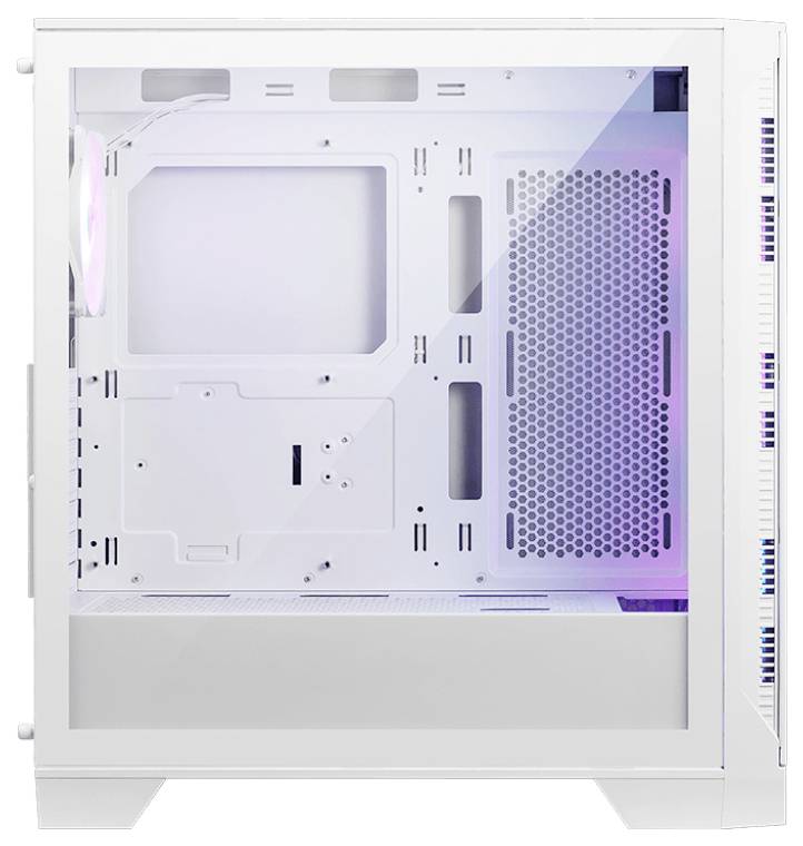 Weißes Computergehäuse mit transparentem Seitenfenster, zeigt leere Innenstruktur für Mainboard und Lüfterinstallation.
