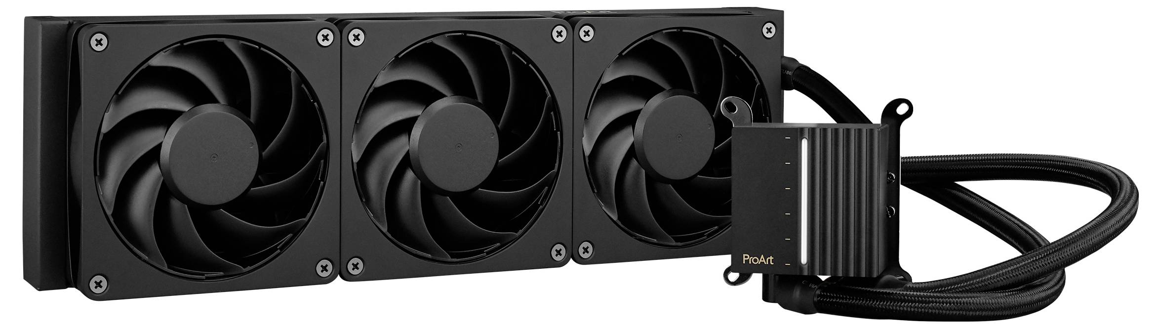Wasserkühlungssystem mit drei Lüftern und einer Pumpe, geeignet für leistungsstarke Computerprozessoren.