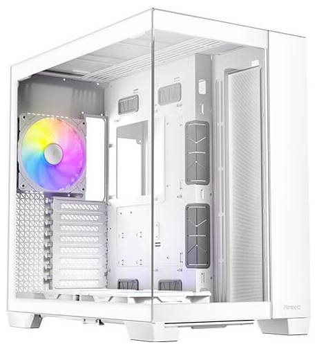 Ein weißes PC-Gehäuse mit transparenten Seitenwänden. Innen ist ein beleuchteter Lüfter mit Regenbogeneffekt sichtbar.