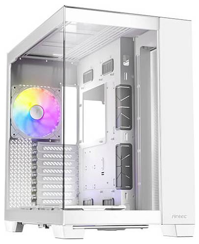 Weißes Computergehäuse aus Glas mit sichtbarem RGB-Lüfter. Ideal für moderne Gaming-PCs.