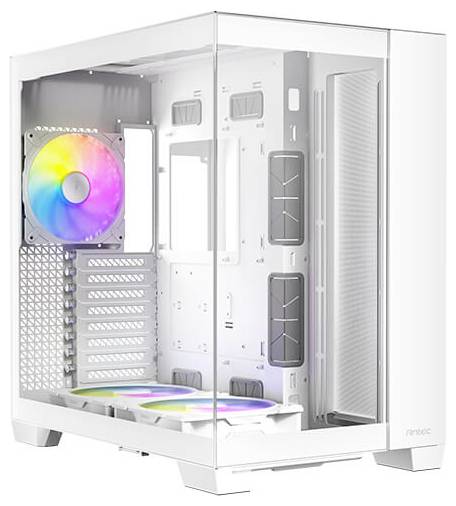 Weißes PC-Gehäuse mit Glasfenster, zwei RGB-Lüfter und mehreren Belüftungsöffnungen, geeignet zum Zusammenbauen eines Computers.