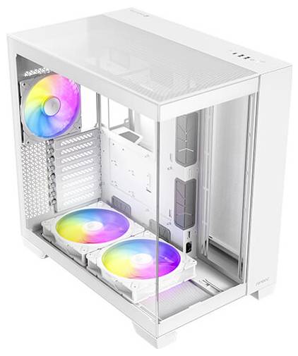 Weißes Computergehäuse mit durchsichtigem Seitenfenster. Enthält drei Lüfter mit RGB-Beleuchtung.