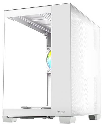Weißes Computergehäuse mit Glasfront; enthält einen RGB-beleuchteten Lüfter im Inneren.