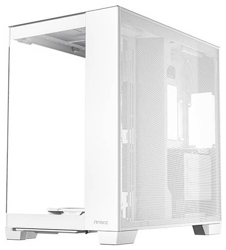 Ein weißer Computergehäuse-Tower mit transparenten Seiten und Belüftungsschlitzen, geeignet für den Bau eines individuellen PCs.