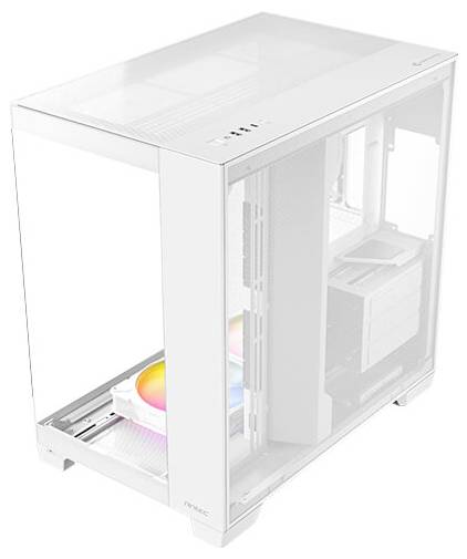 Weißes Computergehäuse mit transparentem Seitenfenster, zeigt einen eingebauten Lüfter mit RGB-Beleuchtung. Minimalistisches Design.