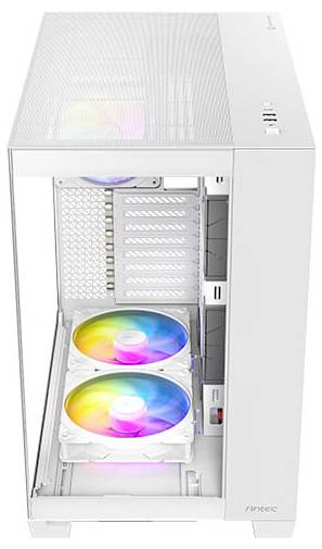 Ein weißes Computergehäuse mit zwei sichtbar eingebauten RGB-Lüftern, die farbig leuchten.