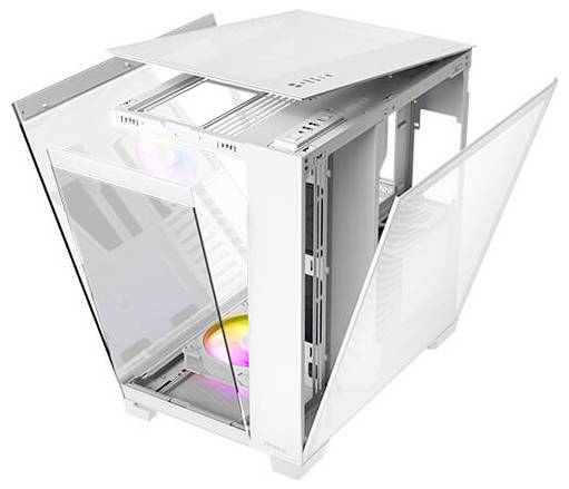 Ein weißes Computergehäuse mit transparenten Seiten und Regenbogen-LED-Beleuchtung, offen von oben und an den Seiten.