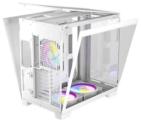 Weißes PC-Gehäuse mit transparenten Seitenteilen, zeigt bunte RGB-Lüfter im Inneren. Modernes, offenes Design für Computer-Enthusiasten.