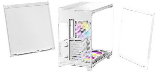 Weißes Computergehäuse mit offenem Design, zeigt beleuchtete Lüfter im Inneren. Seiten- und Oberteile sind abgenommen.